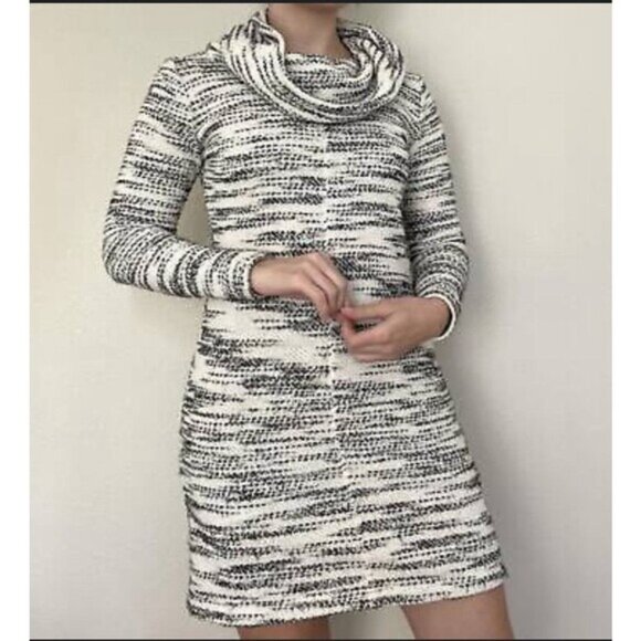 LOFT Womens SP Black White Stripe Knit Cowlneck Long Sleeve Short Sweater Dress - Picture 2 of 5